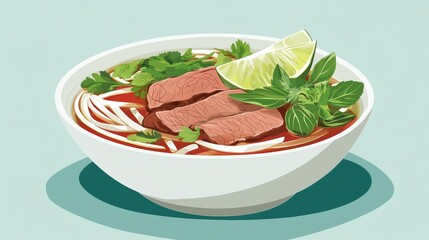 Sticker - Delicious Vietnamese Pho Soup with Beef Lime Herbs and Vegetables in White Bowl, Fresh and Flavorful Asian Cuisine