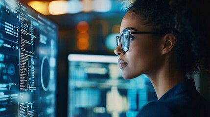 Poster - Software engineer working on computer in data center at night