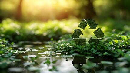 Wall Mural - Recycling symbol in lush green nature.