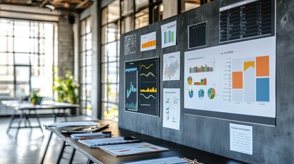 Poster - Modern Office Space with Data Charts and Business Metrics Display