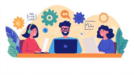 Poster - Coworkers team working and communicating using laptop computers