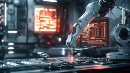 Poster - A robotic arm assembling microchips with a glowing digital interface in a sleek, modern industrial studio.