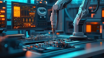 Poster - A robotic arm handling small mechanical components with precision, surrounded by futuristic monitors.