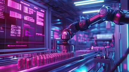 Poster - A robotic arm sorting products on a conveyor belt, with digital displays showing data in the background.