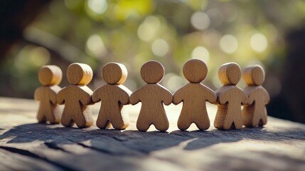 Poster - Wooden figures holding hands symbolizing teamwork and unity