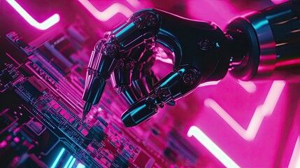 Poster - High-tech robotic arm with precision grippers assembling a circuit board under neon lighting.