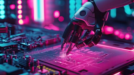 Poster - High-tech robotic arm with precision grippers assembling a circuit board under neon lighting.