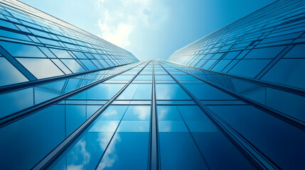 Canvas Print - Modern glass skyscrapers reflecting the blue sky and white clouds from a low angle on a sunny day