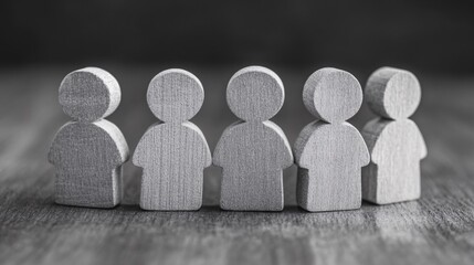 Poster - Five wooden figures standing together on a dark background