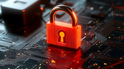 Poster - Red padlock on a circuit board, symbolizing cybersecurity and data protection.
