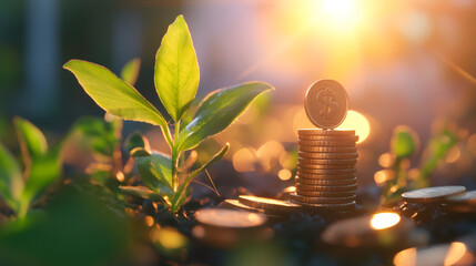 Poster - Sunset view of stacked coins with dollar sign and small plant, symbolizing financial growth, savings, and investment