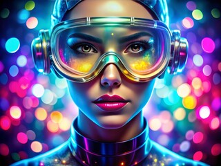 Sticker - Abstract Shiny Face with Futuristic Transparent Goggles Surrounded by Colorful Bokeh Lights, Creating a Dreamlike Atmosphere of Technology and Imagination