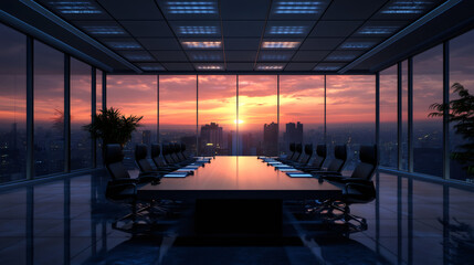 Fototapete - Empty conference room in a modern office building with a view of the city skyline at sunset