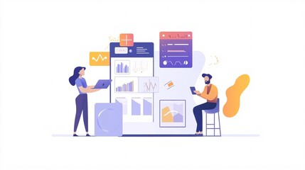 Poster - Business people analyzing statistics, charts and diagrams on mobile app and laptop using big data and cloud computing