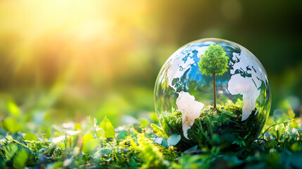 Poster - Lush green moss and a single tree growing inside a crystal ball with a world map superimposed on it evoke environmental awareness