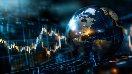 Poster - Transparent globe rotates over stock market data with candlestick chart indicating global business and finance growth