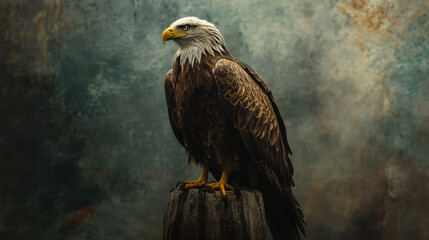 Poster - Majestic bald eagle perched on a weathered wooden post, gazing into the distance, symbolizing power and independence against a textured backdrop