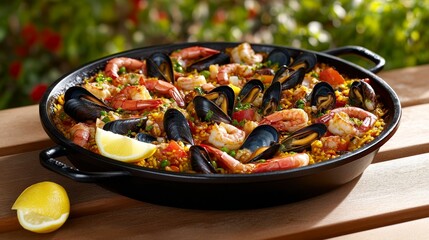 Sticker - Seafood paella, colorful seafood dish, sunny outdoor meal, vibrant food photography, culinary creativity, Spanish paella, picnic delight