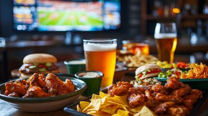 Sticker - Tasty spread with burgers wings nachos beer sports on TV, delicious food variety, sports viewing feast, party snacks and drinks