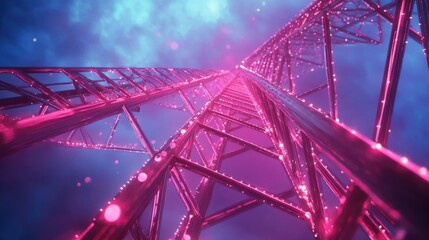 Poster - Futuristic View of a Tower with Neon Lights and Cosmic Background