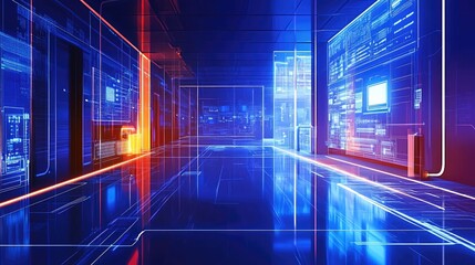 Poster - Futuristic Dimensional Interior with Neon Lighting and Technology