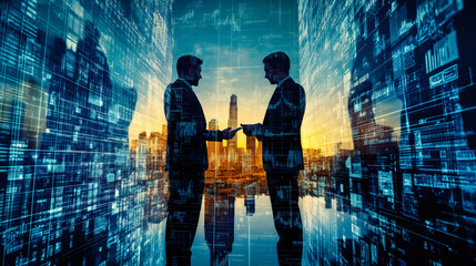 Poster - Two businessmen exchanging data on mobile devices in a futuristic cityscape at sunset, with a digital overlay of data streams and code