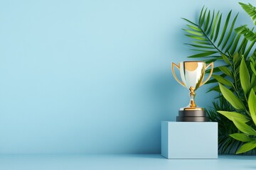 Aufkleber - A clean, minimalist illustration of a trophy on a podium, drawn with sharp lines and subtle gradients of gold and white, symbolizing excellence