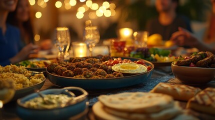 Sticker - Delicious Food Spread with Falafel Veggies Bread Lit Candles and Friends Enjoying Cozy Dinner Gathering with Lights