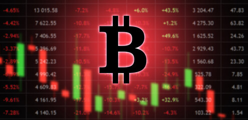 Poster - Bitcoin price drop. Cryptocurrency logo near investment quotes. Reducing cost of bitcoin exchange. Cryptocurrency growth rate is falling. BTC currency. Bitcoin background. 3d image.
