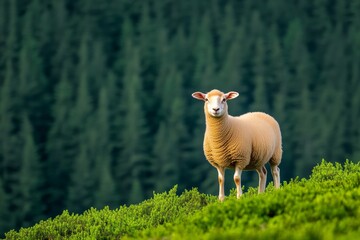 a ewe standing near a patch of sunlit bracken, with a dense forest in the background