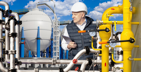 Poster - man is owner of industrial enterprise. fuel factory. contractor of industrial company. man among pip