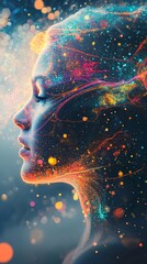 Poster - Woman embracing vibrant universe of particles and energy