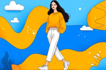 Aufkleber - A flat design of a model walking a runway, with geometric patterns and monochromatic tones