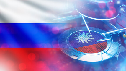 Poster - microchip production in taiwan. flag russia. supply semiconductors to russian federation. microchip 