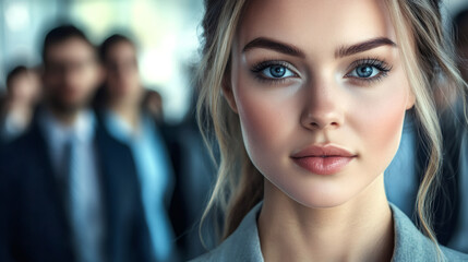 Canvas Print - Confident businesswoman leading her team with proud colleagues in a softly blurred office background