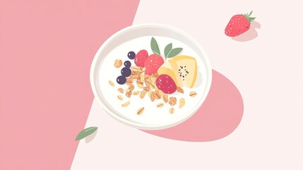 Sticker - Colorful Fruit Bowl Illustration, Granola and Berries Art, Pink and White Background, Modern Minimalist Decor