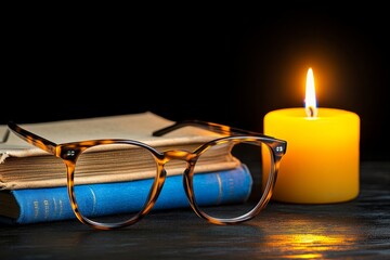 Poster - A gothic-inspired depiction of eyeglasses resting on a dark wooden desk, surrounded by aged books and a single candle casting eerie light