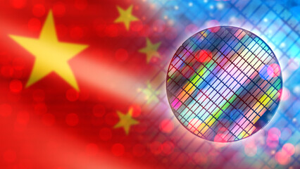 Poster - Microchip under microscope. Flag of China. Semiconductor production. Symbol of people republic of China. Semiconductor manufacturing at PRC. Digital ifslvkshchyu. PCB made in China. 3d image