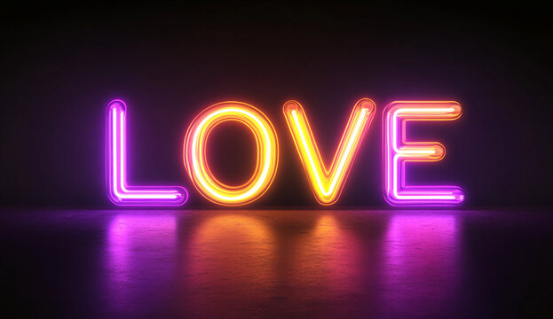 The word LOVE in glowing neon purple and yellow, on a black background