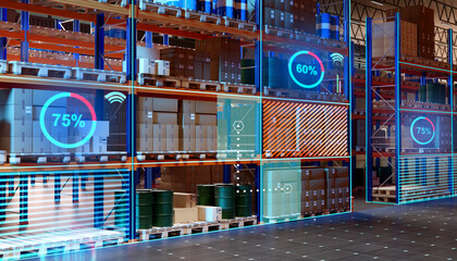 Poster - High-tech warehouse. Fullfilment innovations. Virtual screens near warehouse shelves. Rack with pallets inside hangar. High-tech distribution center. Warehouse accounting technologies. 3d image
