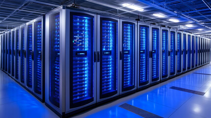 Poster - Rows of illuminated server racks in a modern data center.