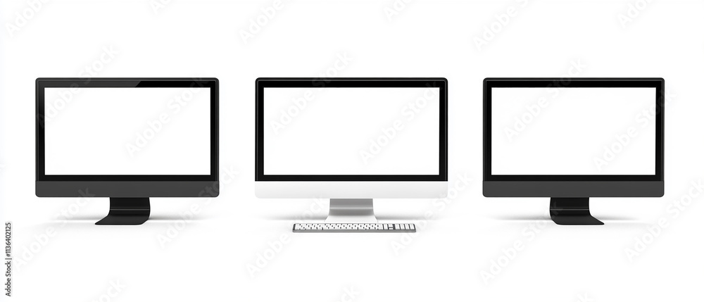 Three different computer monitors with blank white screens, front view ...