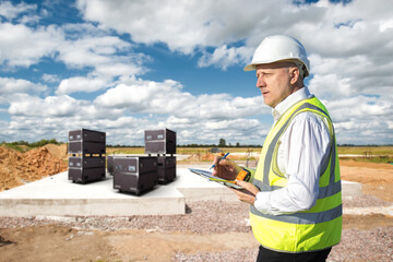 Poster - man from construction company. design engineer near foundation. architect stands at construction sit