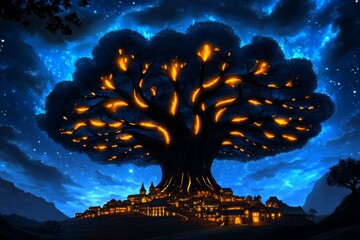 Poster - A massive tree with glowing roots and leaves, towering over a magical village built into its base
