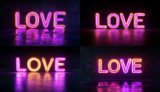 The word LOVE in glowing neon purple and yellow, on a black background
