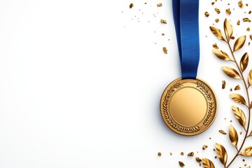 Poster - A minimalist depiction of a gold medal with a ribbon, rendered in clean lines and vibrant colors on a white background