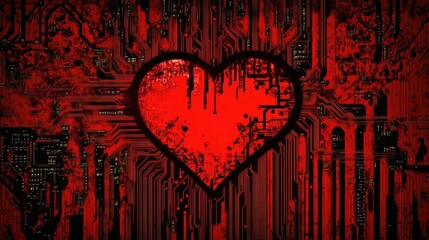 Poster - Heart Symbol on Red Abstract Circuitry Background Design