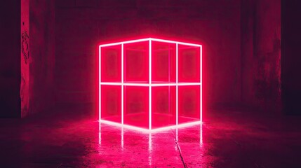 Poster - Neon Cube in a Dark Space with Vibrant Pink Light Emission