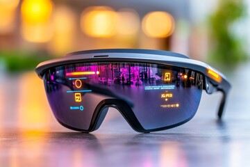 Poster - A pair of futuristic smart eyeglasses displaying augmented reality notifications, with holographic text and glowing icons in a high-tech urban setting