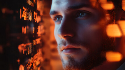 Leinwandbilder - Businessman studying financial data on digital screen in close-up, working late in office